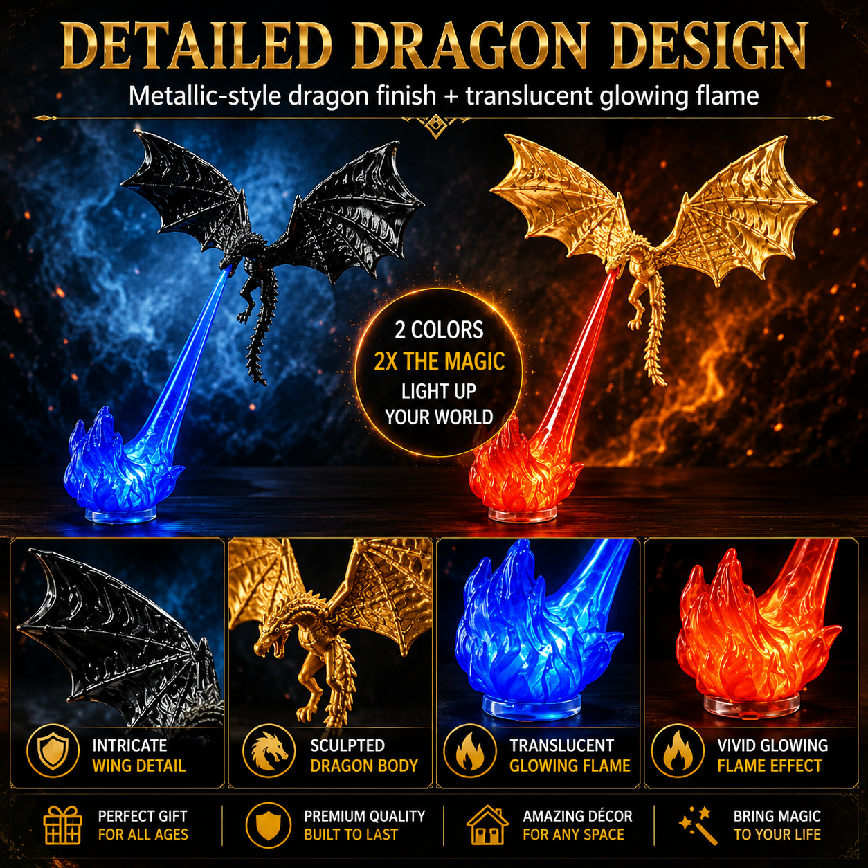 Dragon Flame Book Nook Light – 3D Printed Fire-Breathing Dragon Bookshelf Decor | Buy 1 Get 1 Free