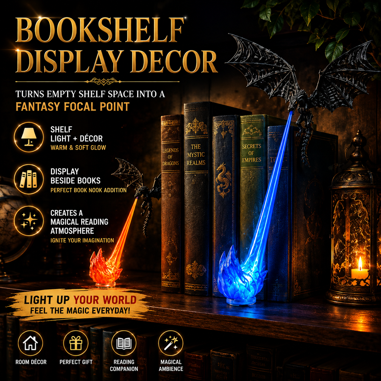 Dragon Flame Book Nook Light – 3D Printed Fire-Breathing Dragon Bookshelf Decor | Buy 1 Get 1 Free