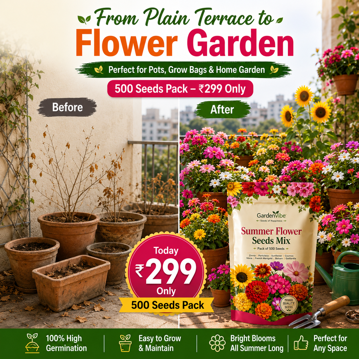 Premium Summer Flower Seeds Mix – 500 Seeds for Home Garden, Balcony & Terrace