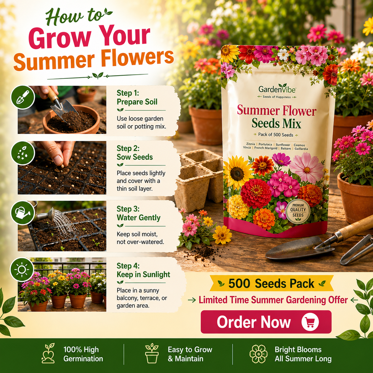 Premium Summer Flower Seeds Mix – 500 Seeds for Home Garden, Balcony & Terrace