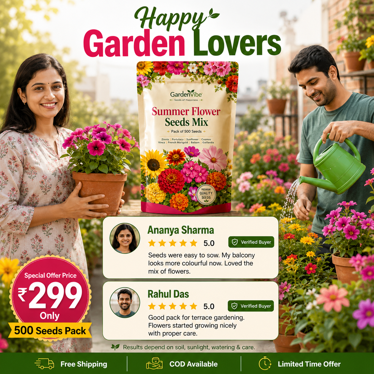 Premium Summer Flower Seeds Mix – 500 Seeds for Home Garden, Balcony & Terrace