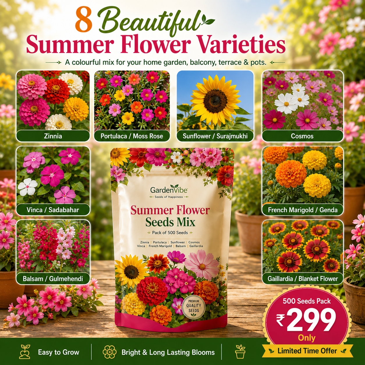 Premium Summer Flower Seeds Mix – 500 Seeds for Home Garden, Balcony & Terrace