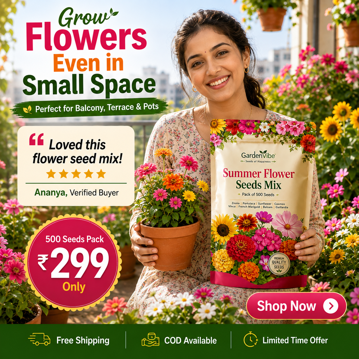 Premium Summer Flower Seeds Mix – 500 Seeds for Home Garden, Balcony & Terrace