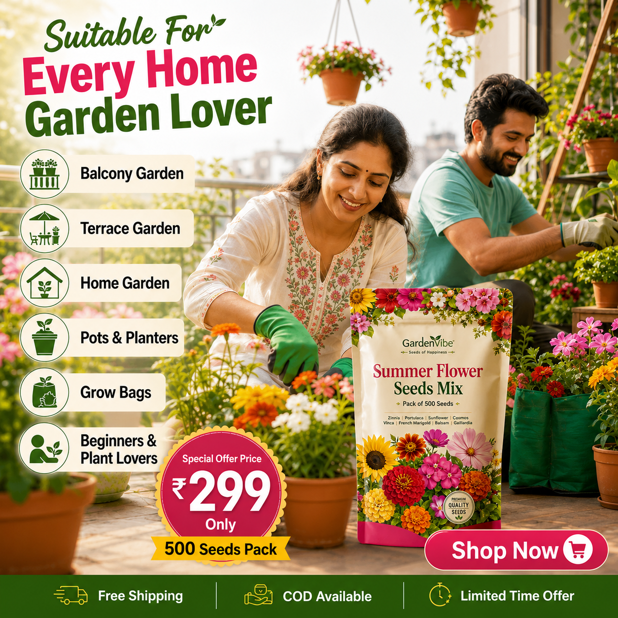 Premium Summer Flower Seeds Mix – 500 Seeds for Home Garden, Balcony & Terrace