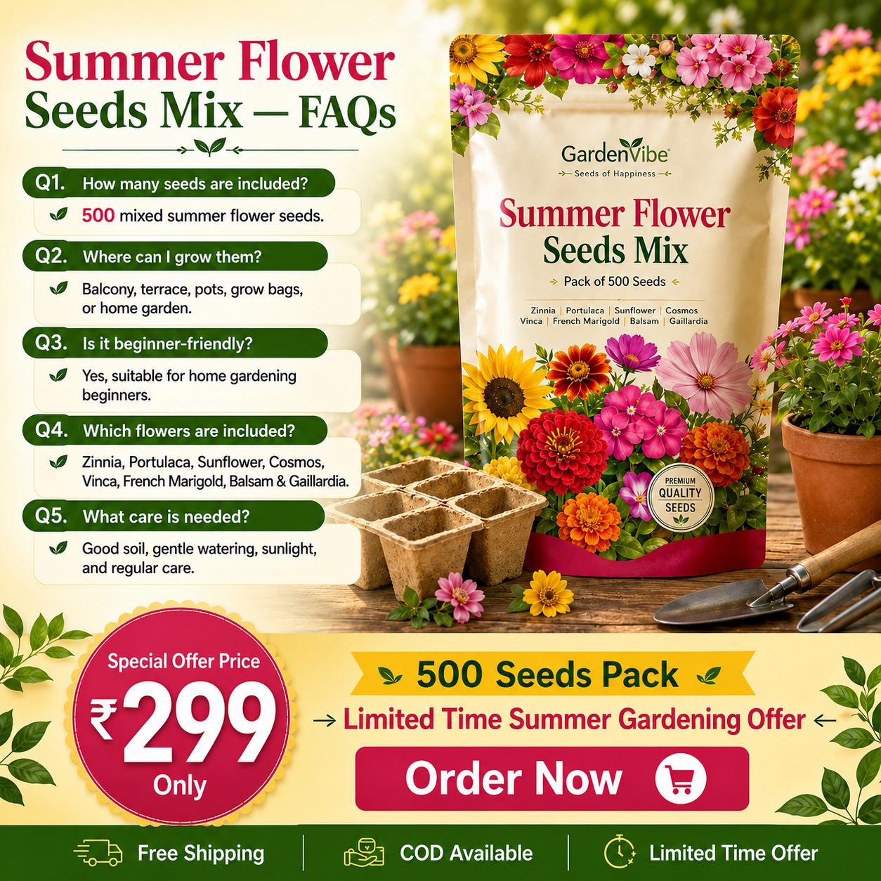 Premium Summer Flower Seeds Mix – 500 Seeds for Home Garden, Balcony & Terrace