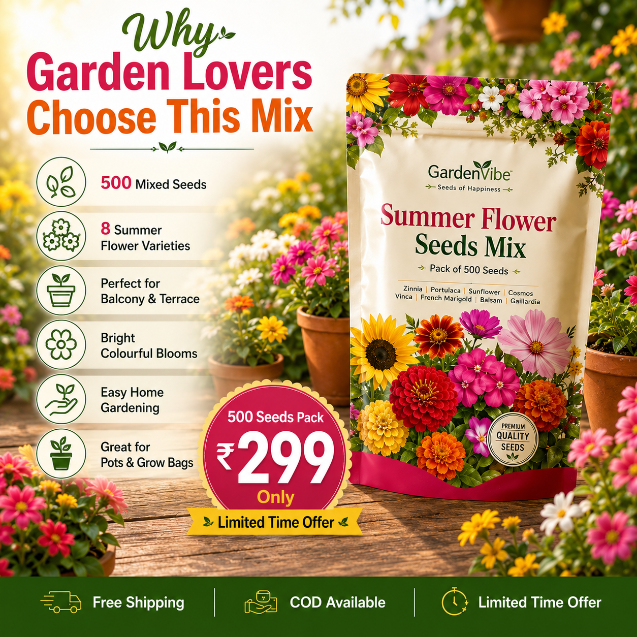 Premium Summer Flower Seeds Mix – 500 Seeds for Home Garden, Balcony & Terrace