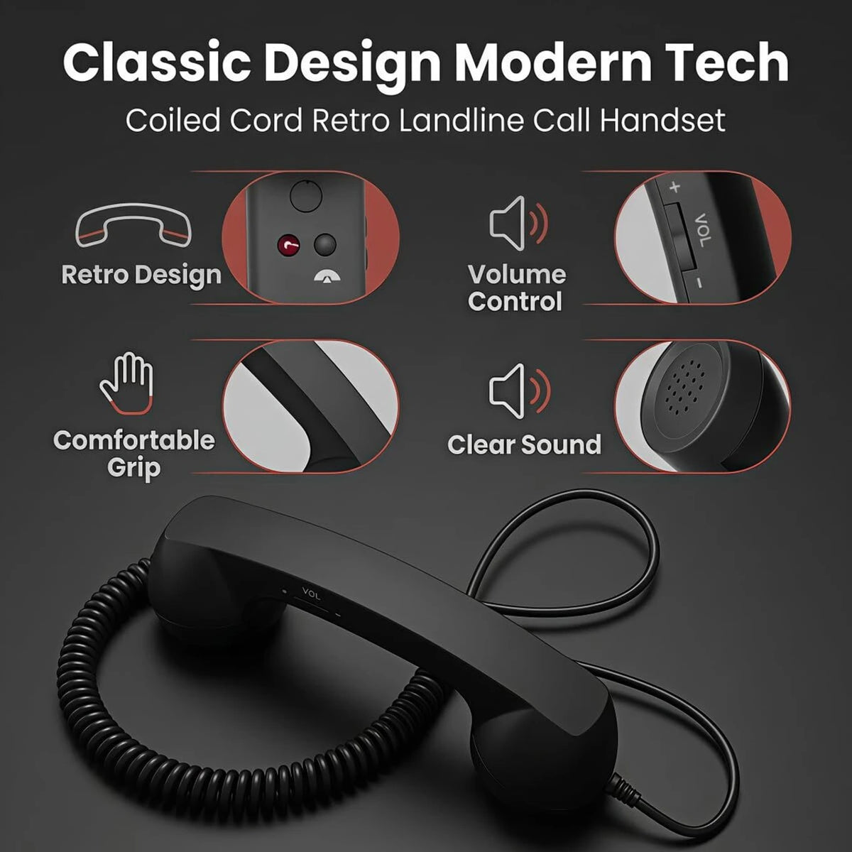 RetroVibe Type-C Retro Phone Handset – Classic Vintage Style Phone Receiver |  Wired Handset Smartphone Microphone Portable Gift PC Tablet Hybrid Work Call Video Conference | Buy 1 Get 1 Free | Only - 799