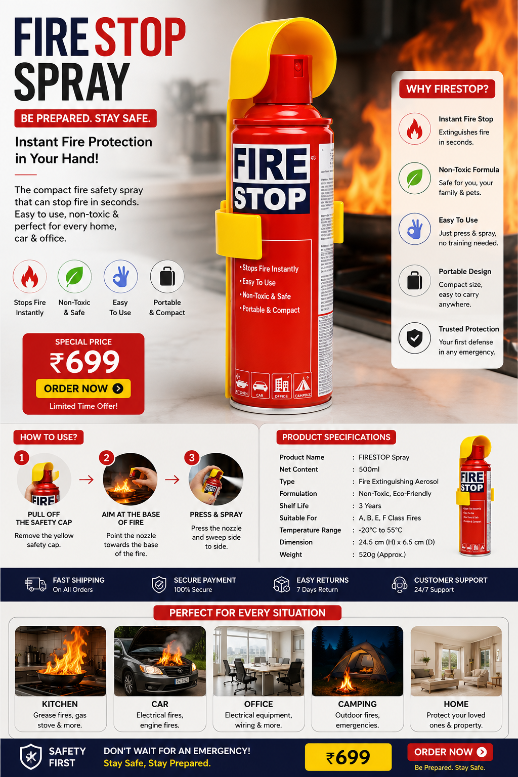 💥FIRESTOP Portable Fire Extinguisher Spray | Quick Fire Protection for Home, Car & Kitchen | Buy 1 Get 1 Free| ONLY ₹698