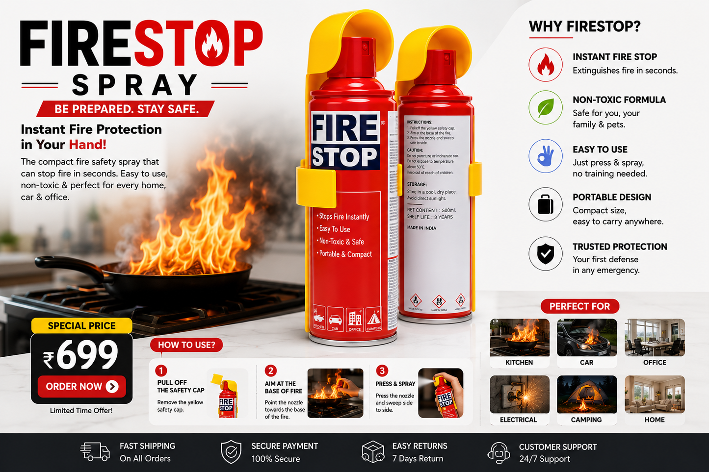 💥FIRESTOP Portable Fire Extinguisher Spray | Quick Fire Protection for Home, Car & Kitchen | Buy 1 Get 1 Free| ONLY ₹698