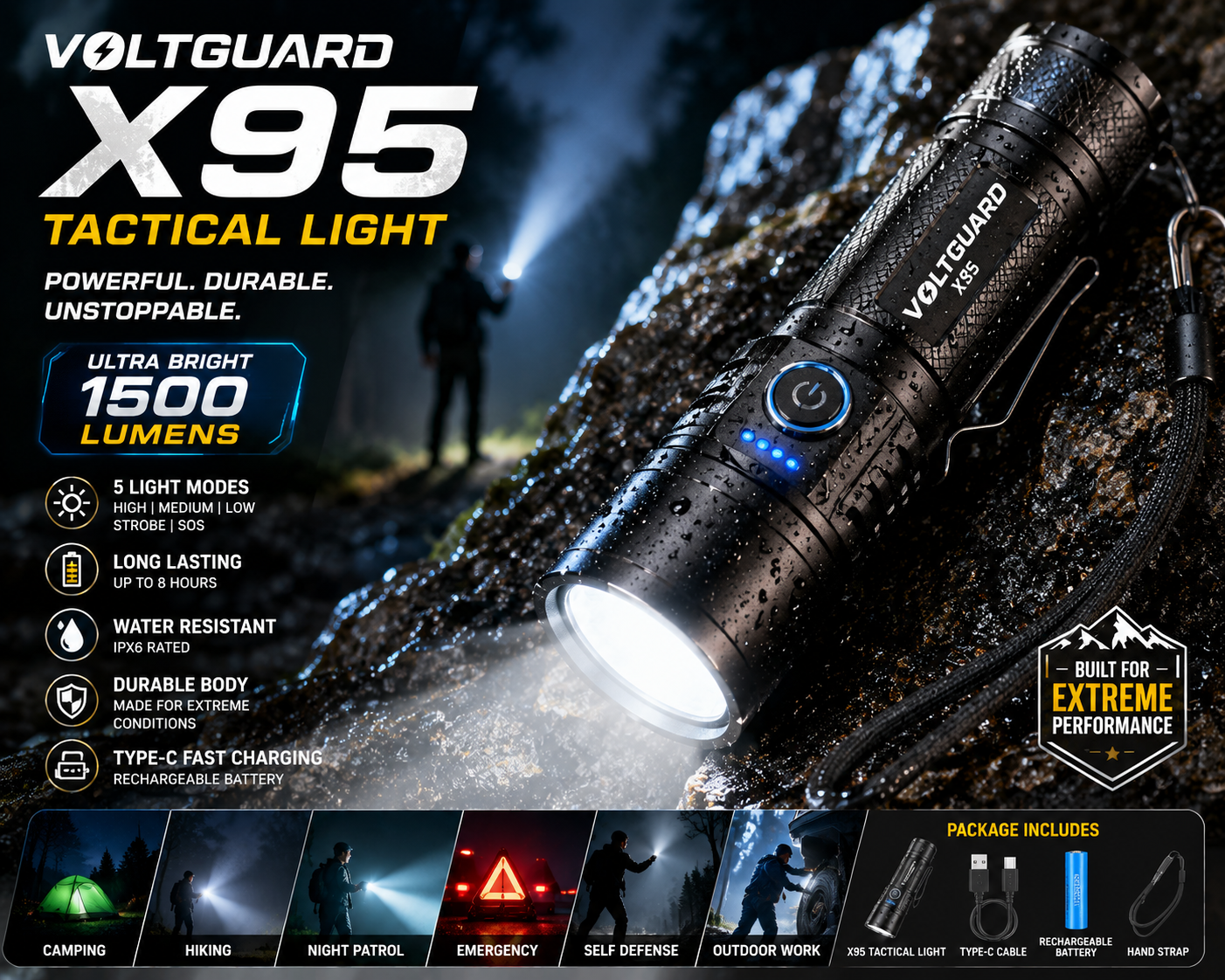 🛡️ VoltGuard X95 – Rechargeable LED Torch | Powerful LED Torch for Home, Travel & Outdoor Use
