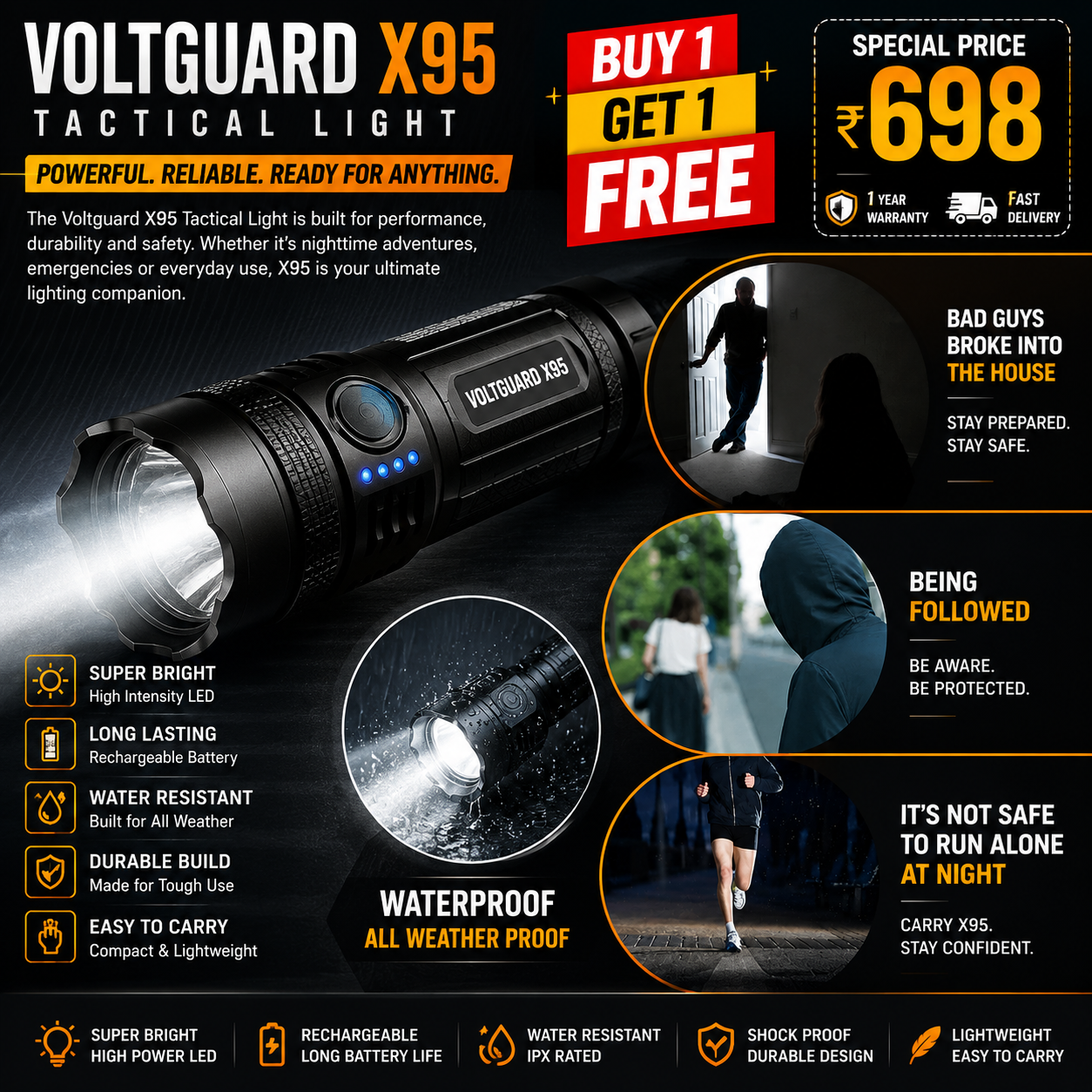 🛡️ VoltGuard X95 – Rechargeable LED Torch | Powerful LED Torch for Home, Travel & Outdoor Use