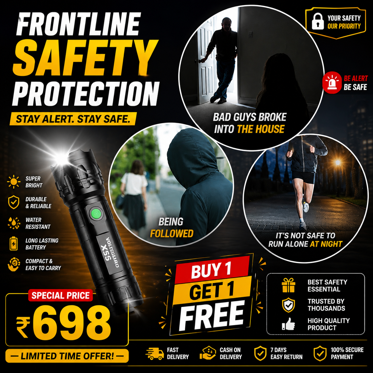 🛡️ VoltGuard X95 – Rechargeable LED Torch | Powerful LED Torch for Home, Travel & Outdoor Use